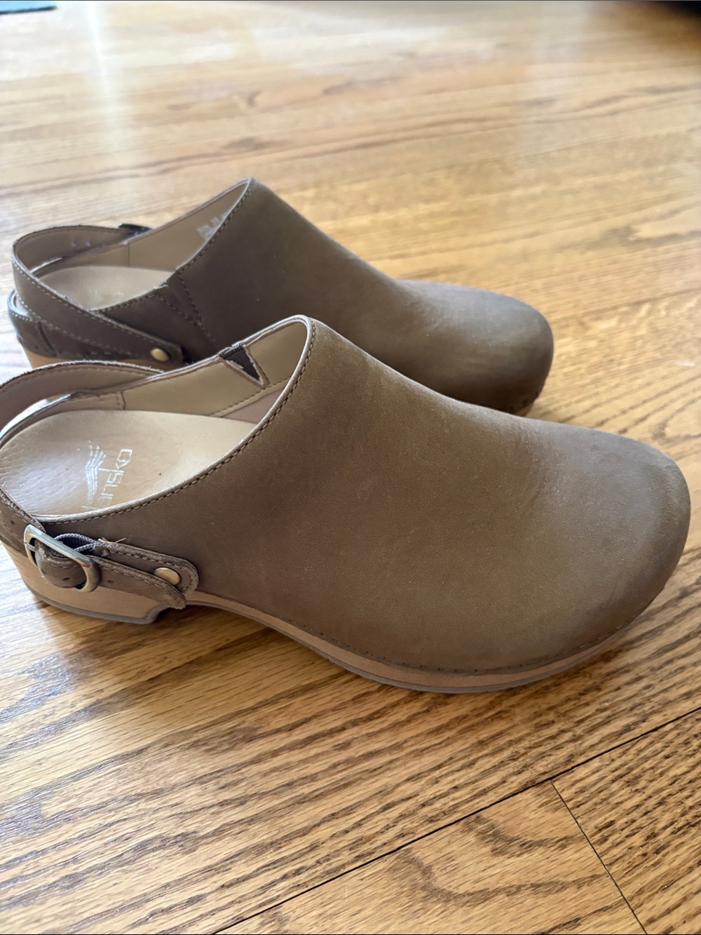 Dansko Taupe Leather Slingback Clogs